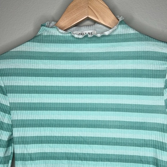 Cali Be Striped Ribbed Lettuce Mock Neck Long Sleeve Top Turquoise Size Medium - Picture 4 of 7